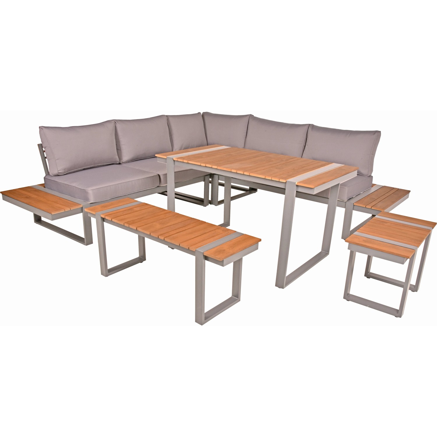 Garden Pleasure Lounge-Eckgruppe Aurea, 6-teilig, grau-braun, mit Tisch, Bänken und Eckteil.