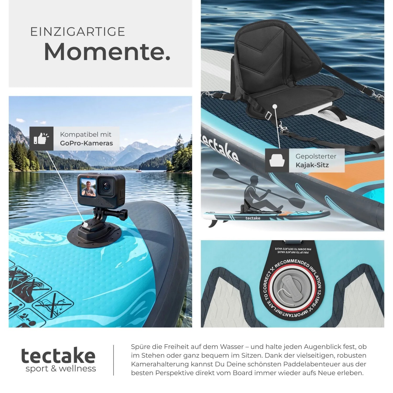 Tectake SUP Board Palagios mit GoPro-Kamerahalterung und gepolstertem Kajak-Sitz auf dem Wasser. Wassersport.