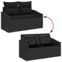Schwarzes vidaXL Gartenmöbel-Set aus Polyrattan mit Kissen und Stauraum.