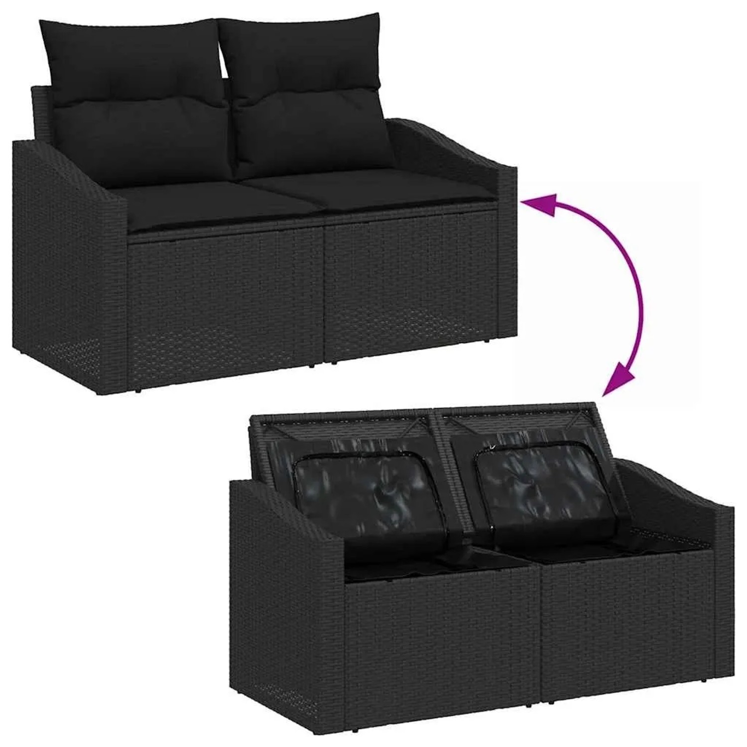 Schwarzes vidaXL Gartenmöbel-Set aus Polyrattan mit Kissen und Stauraum.
