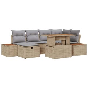 7-teiliges Garten-Sofa-Set in Beige aus Poly Rattan mit höhenverstellbarem Tisch.