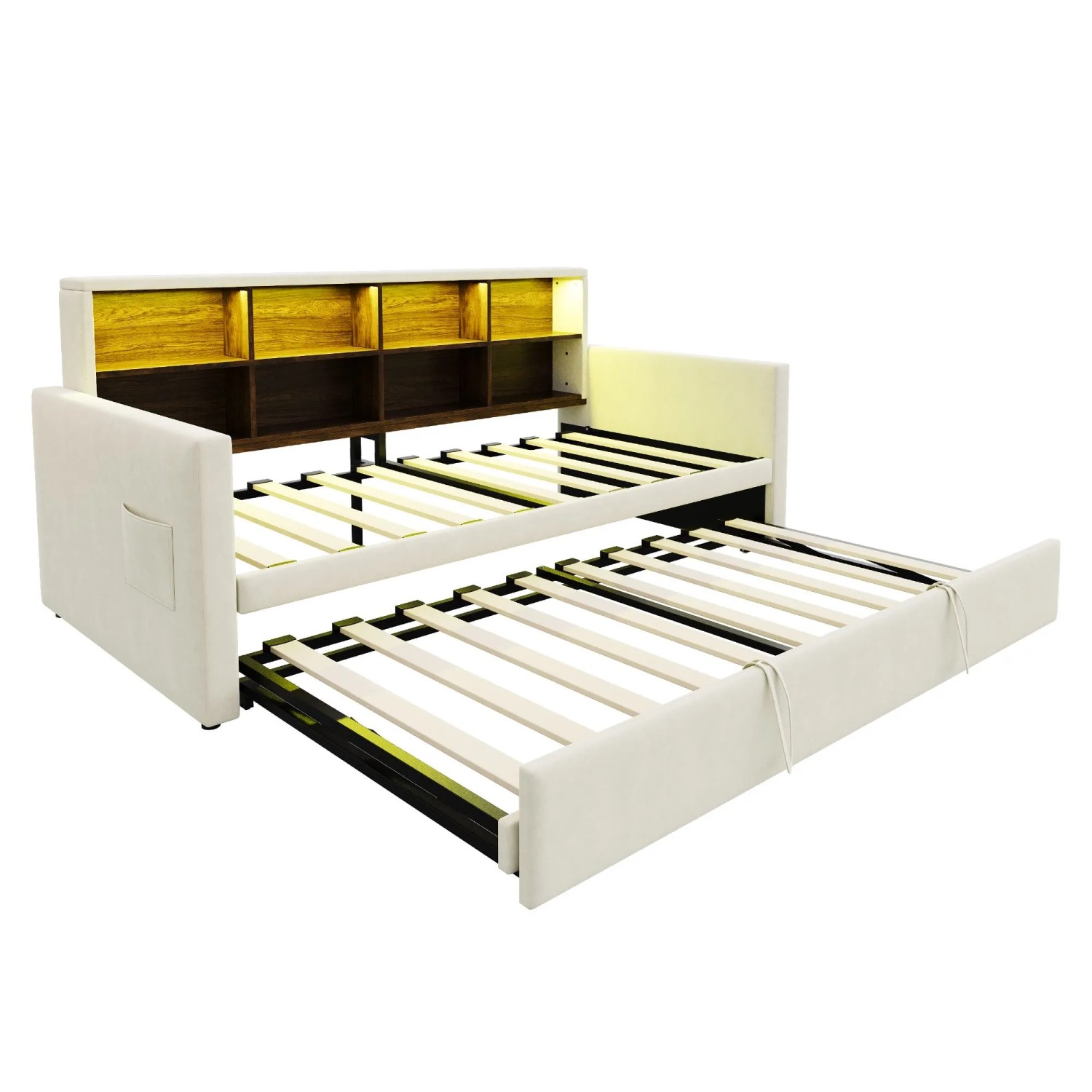 Merax Schlafsofa 90x190cm LED Stauraum Samt Beige