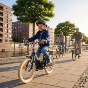 Kind fährt auf einem schwarzen 18 Zoll PROMETHEUS Kinderfahrrad mit Retro Look, Familie im Hintergrund.