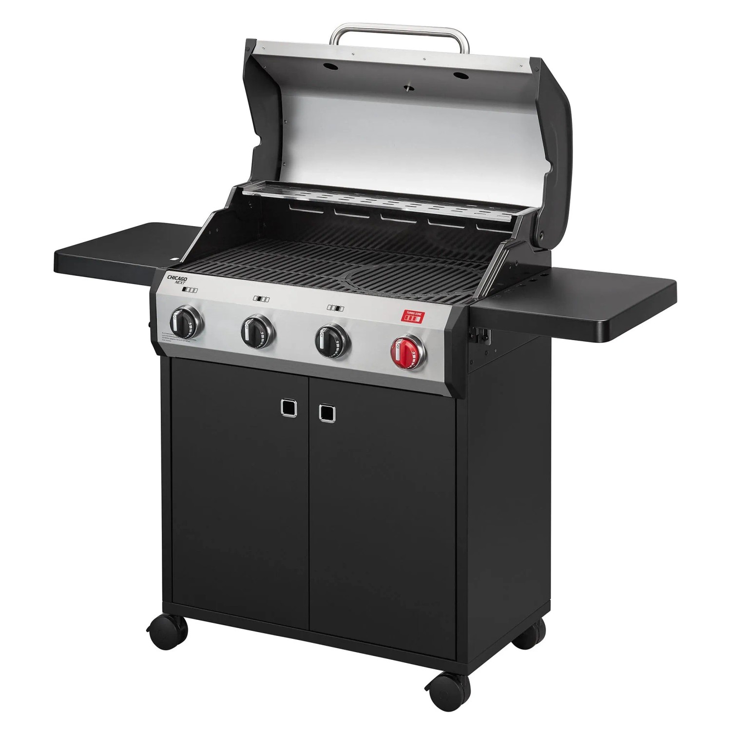 Enders Gasgrill Chicago Next 4 R Turbo mit 4 Brennern, doppelwandigem Deckel und Seitenablagen.