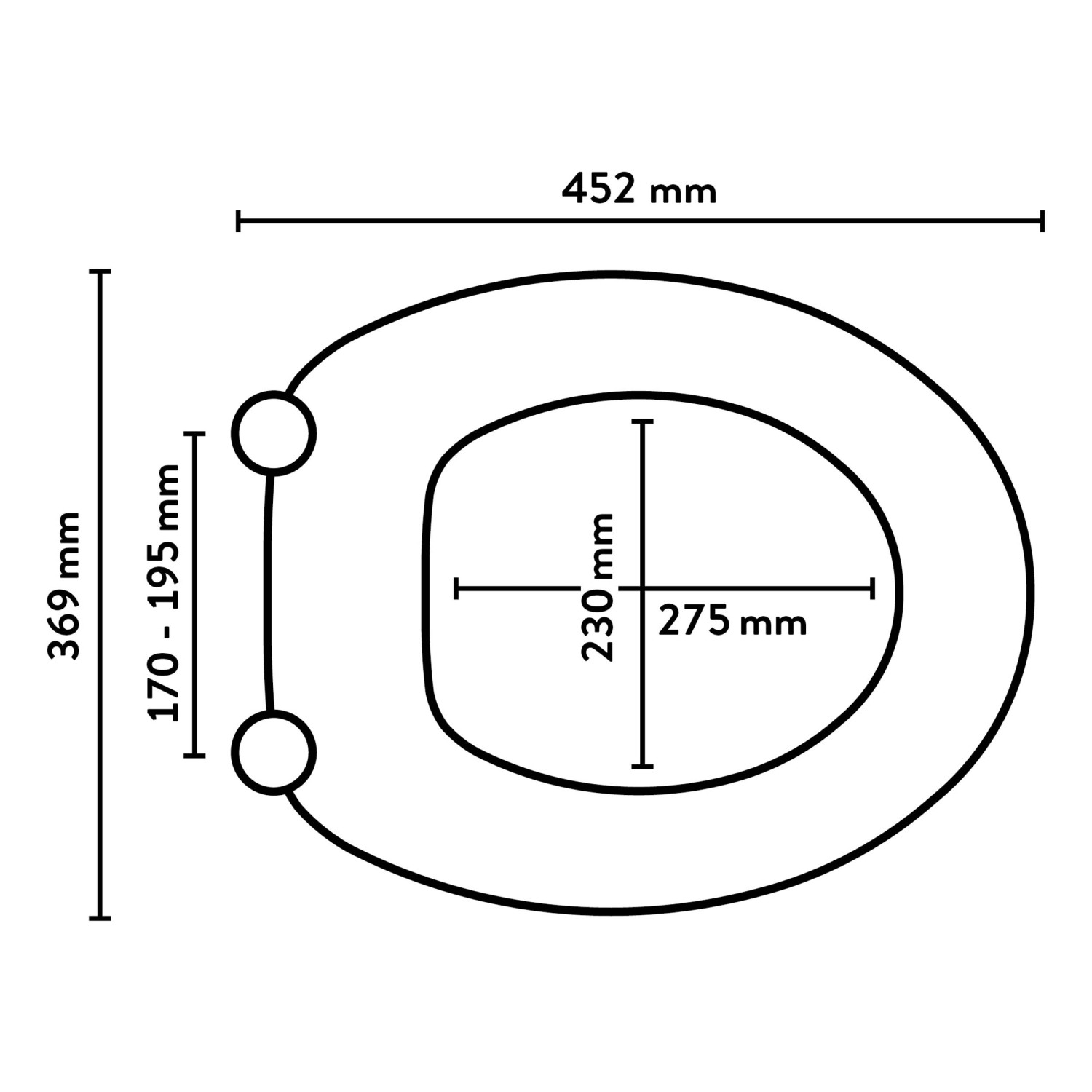 Technische Zeichnung: baliv WC-Sitz Garabi, Polypropylen, Maße 452x369mm.