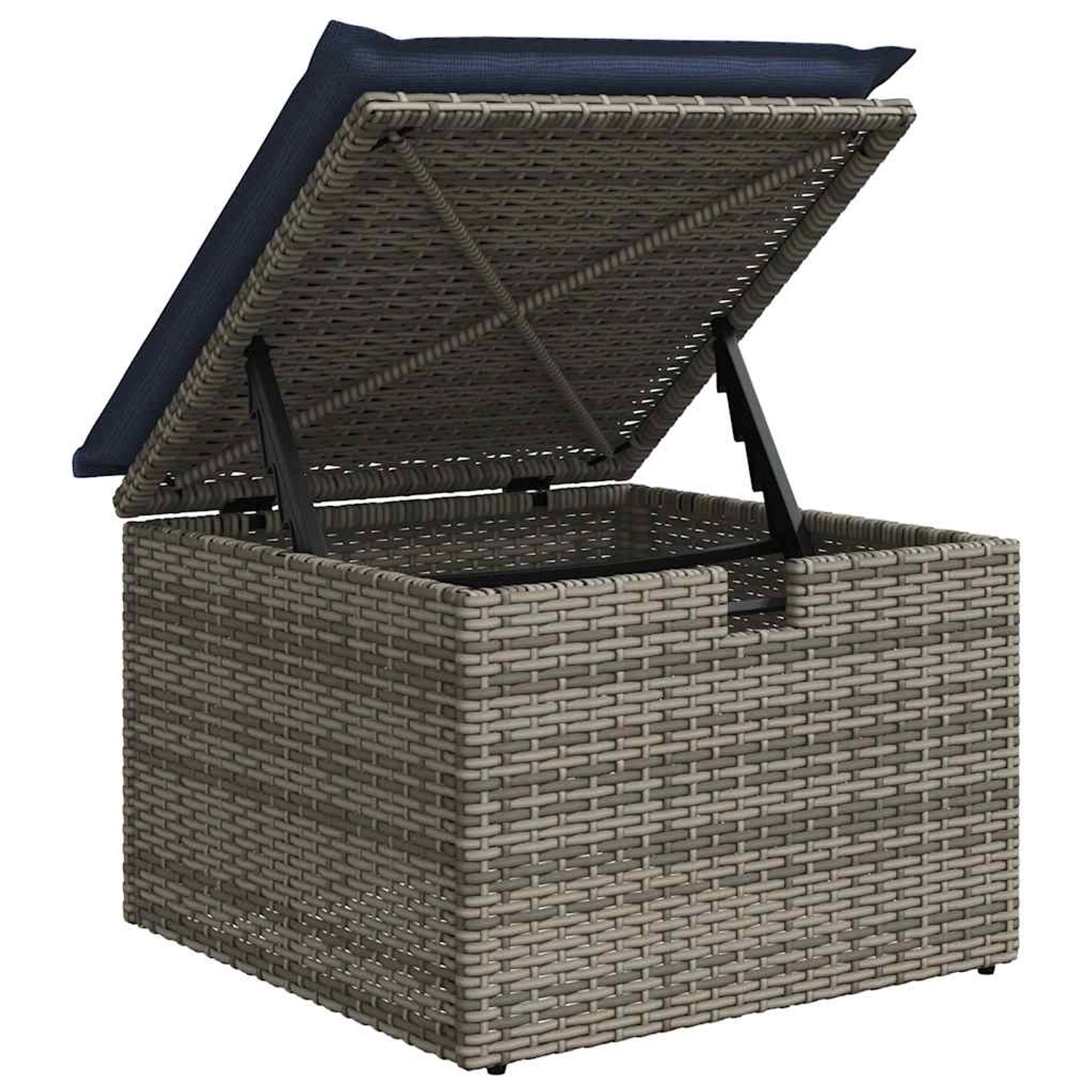 vidaXL Gartenmöbel: Grauer Poly Rattan Hocker mit blauem Kissen und Stauraum, Deckel geöffnet.