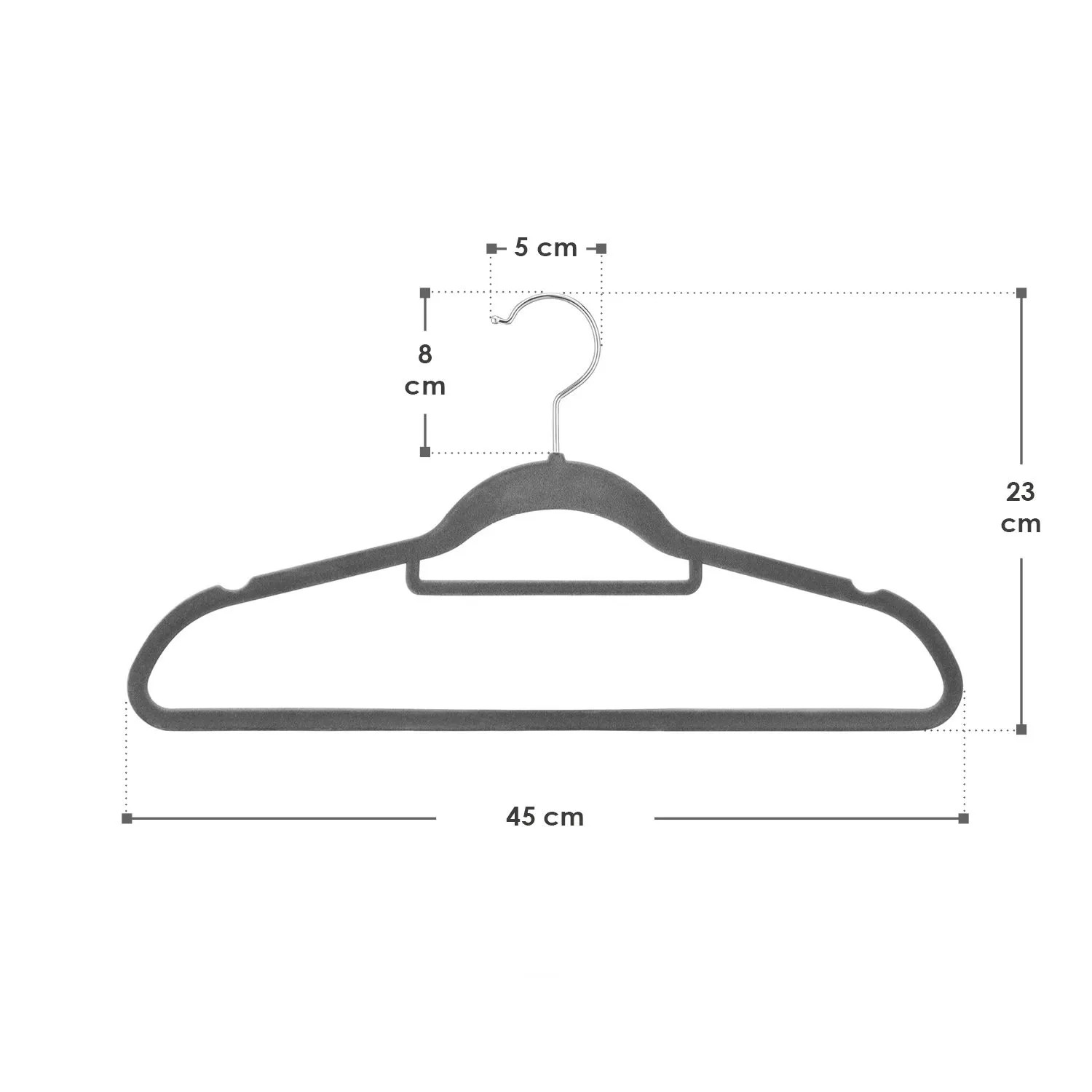 Grauer Juskys Kleiderbügel aus Samt, 45 cm breit, mit Maßen für Textile Aufbewahrung.
