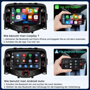 Junsun Autoradio mit Display zeigt CarPlay und Android Auto, verbunden mit Smartphone. Drahtlose Autoelektrik für Peugeot, Toyota, Citroen.