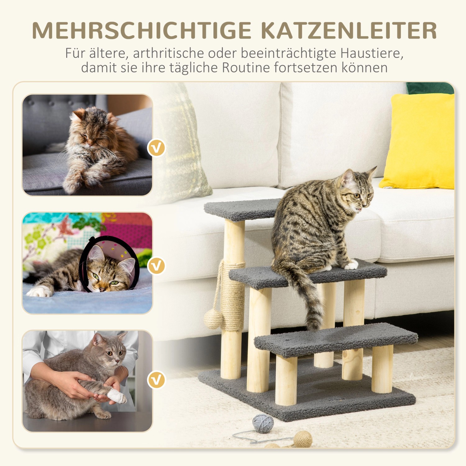 PawHut Katzentreppe mit 3 Stufen, Sisalsäule und Spielball. Ideal als Aufstiegshilfe für Katzen.