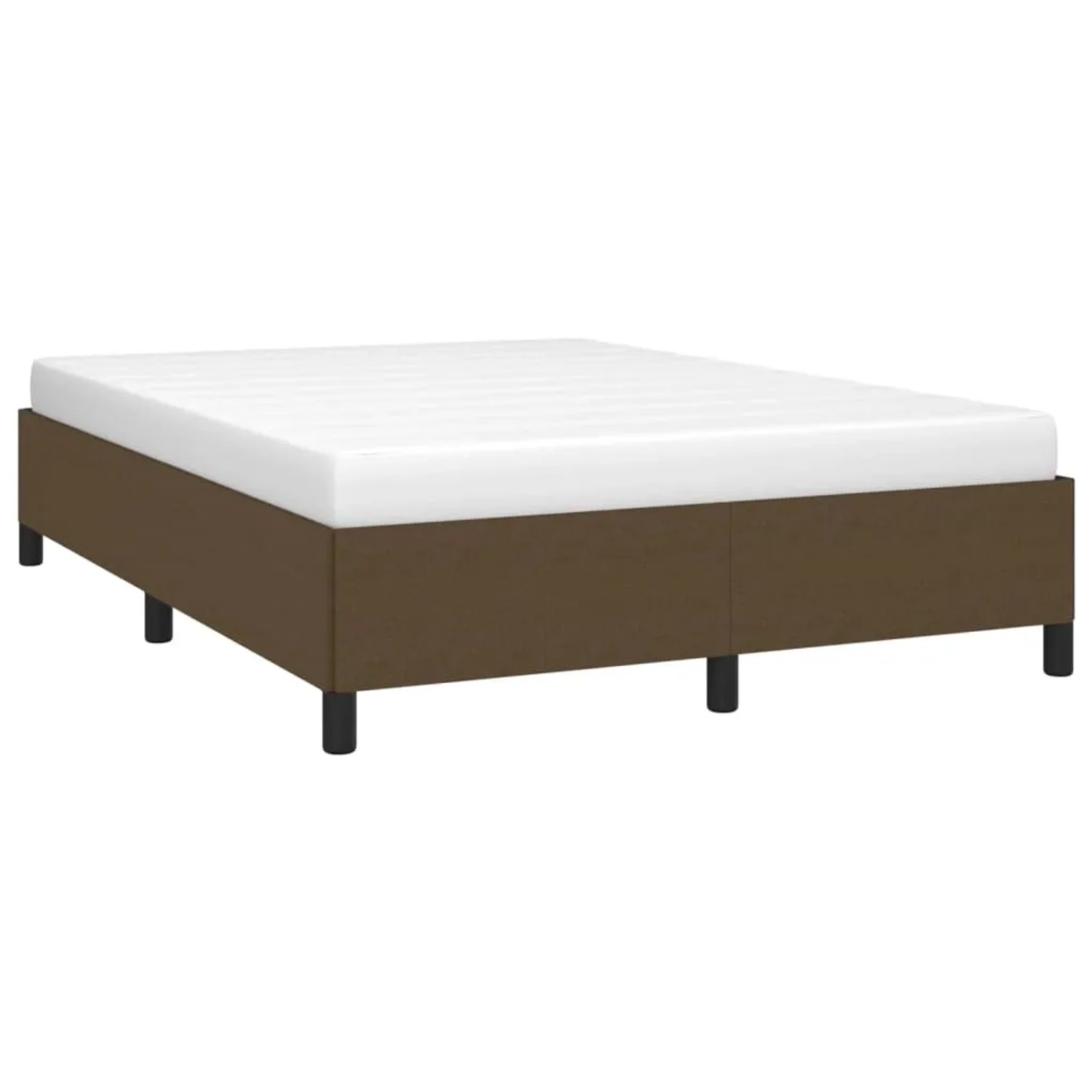 Dunkelbraunes Stoff-Bettgestell 140x190 cm mit Lattenrost, ohne Matratze.