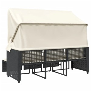 Schwarzes 3-Sitzer Outdoor-Sofa mit Dach und Hockern aus Poly-Rattan. Lounge-Gartenmöbel.