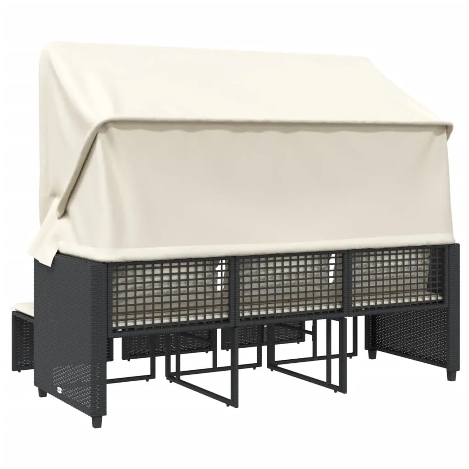 Schwarzes 3-Sitzer Outdoor-Sofa mit Dach und Hockern aus Poly-Rattan. Lounge-Gartenmöbel.