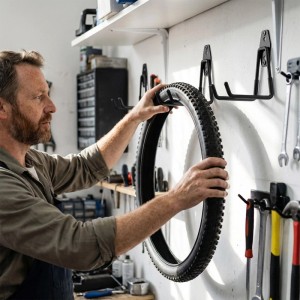 Mann hängt Fahrradreifen an schwarzem U-Wandhaken in Werkstatt. Robustes 12-teiliges Haken-Set für Werkzeuge und Ordnung in Garage.