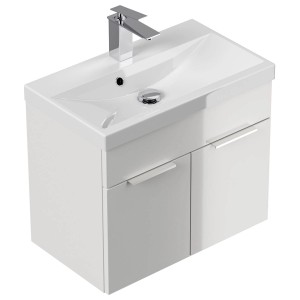 Posseik Badmöbel-Set Lago, 58 cm, Weiß Hochglanz: Waschbecken mit Unterschrank und Armatur.