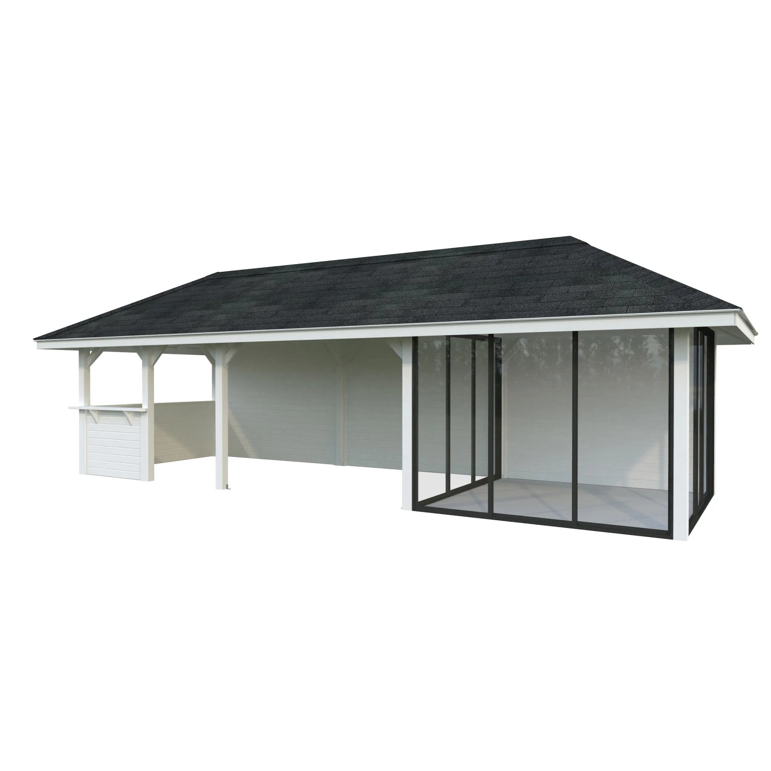 Palmako Pavillon Bianca Set 216, 876x300 cm, weiß lackiert. Weekendhaus mit Schiebetüren und Tresen.