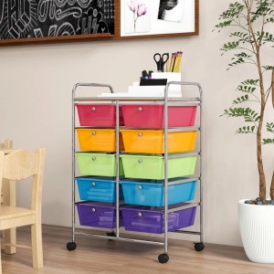 Costway Rollwagen mit 10 bunten, transparenten Schubladen und stabilem Metallrahmen für Büro und Bastelbedarf.