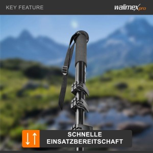 Schwarzes Aluminium Einbeinstativ mit Handgriff und Schnellverschlüssen für schnelle Einsatzbereitschaft im Freien.