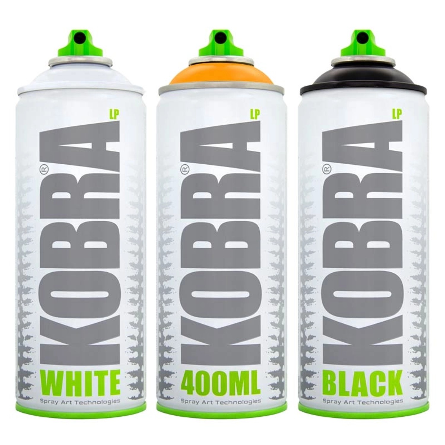 Drei Kobra LP Buntlack Spraydosen (Weiß, Orange, Schwarz) mit je 400ml Inhalt.