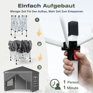 Grauer Sekey Faltpavillon 2x2m mit 4 Seitenteilen im Schnellaufbau. Zeigt Rahmen, Bespannung, fertigen Pavillon & Klick-Mechanismus.