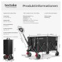 Schwarzer Tectake Bollerwagen Rollrider, faltbar, mit Kunststoffrädern und Profil. Zeigt Maße im gefalteten und entfalteten Zustand.