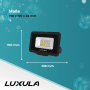 Schwarzer LUXULA LED Fluter 10W, 3000K Warmweiß, 1000lm, Außenstrahler mit Maßangaben.