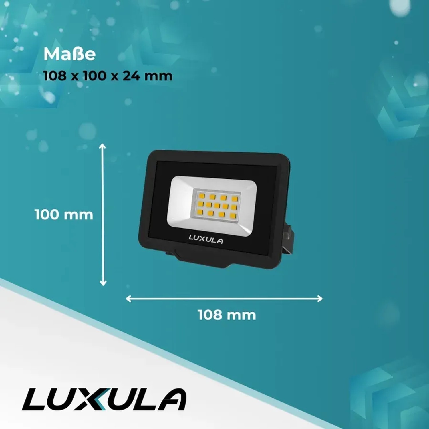 Schwarzer LUXULA LED Fluter 10W, 3000K Warmweiß, 1000lm, Außenstrahler mit Maßangaben.