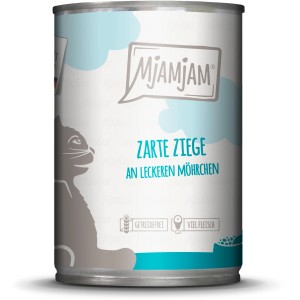 Mjamjam Katzen-Nassfutter Zarte Ziege mit Möhrchen, getreidefrei im 400g Format.