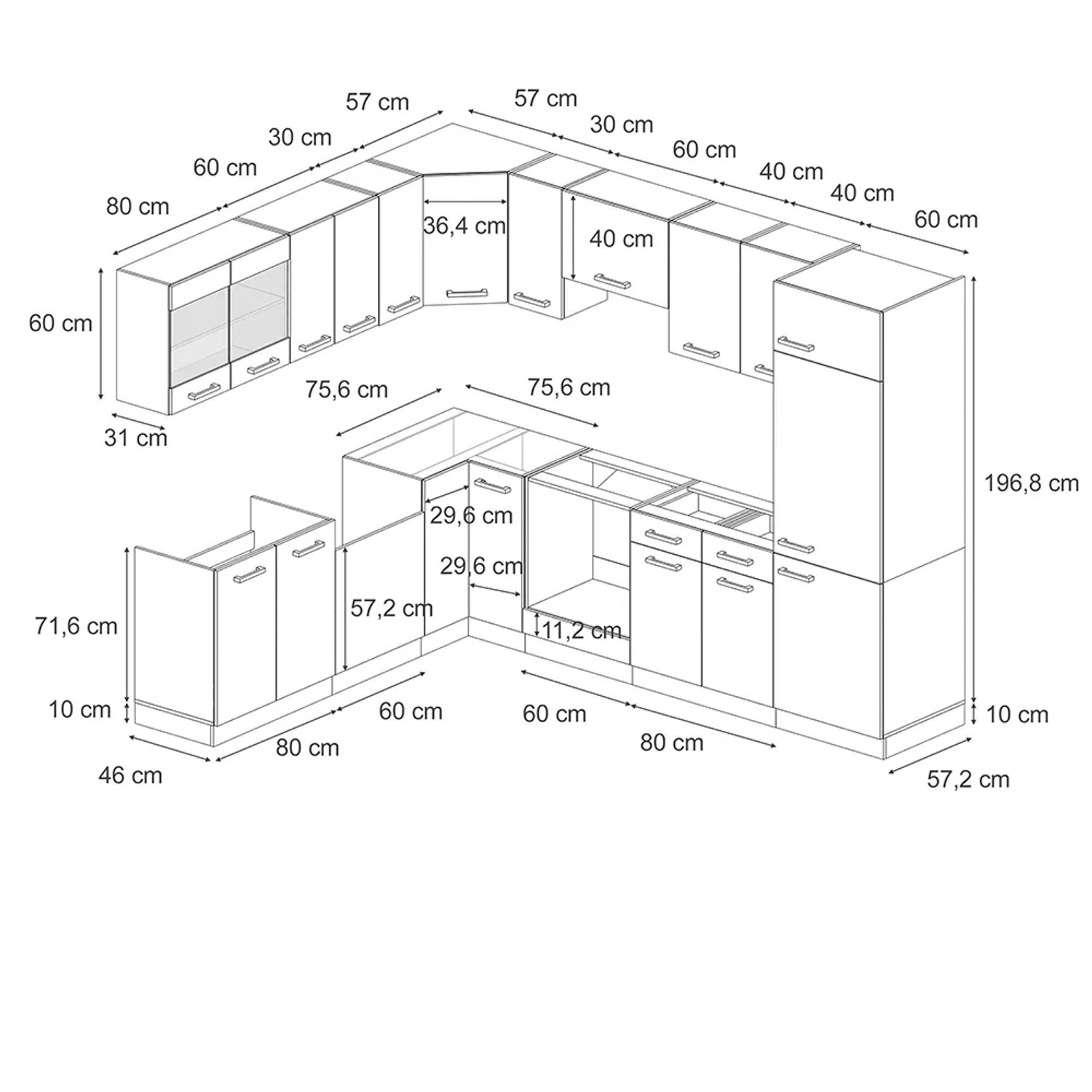 Skizze der Vicco R-Line Eckküche in Schwarz Hochglanz/Goldkraft Eiche, Maße 227x287 cm.