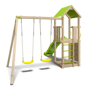 Trigano Spielturm mit Rutsche, Sandkasten, Kletterwand und Schaukel für den Garten.