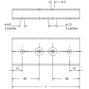 Maßzeichnung Simausrom Möbelfuß Edelstahl Schwarz 40x100mm. Ansichten mit Bohrungen und Abmessungen für Möbel und Regale.