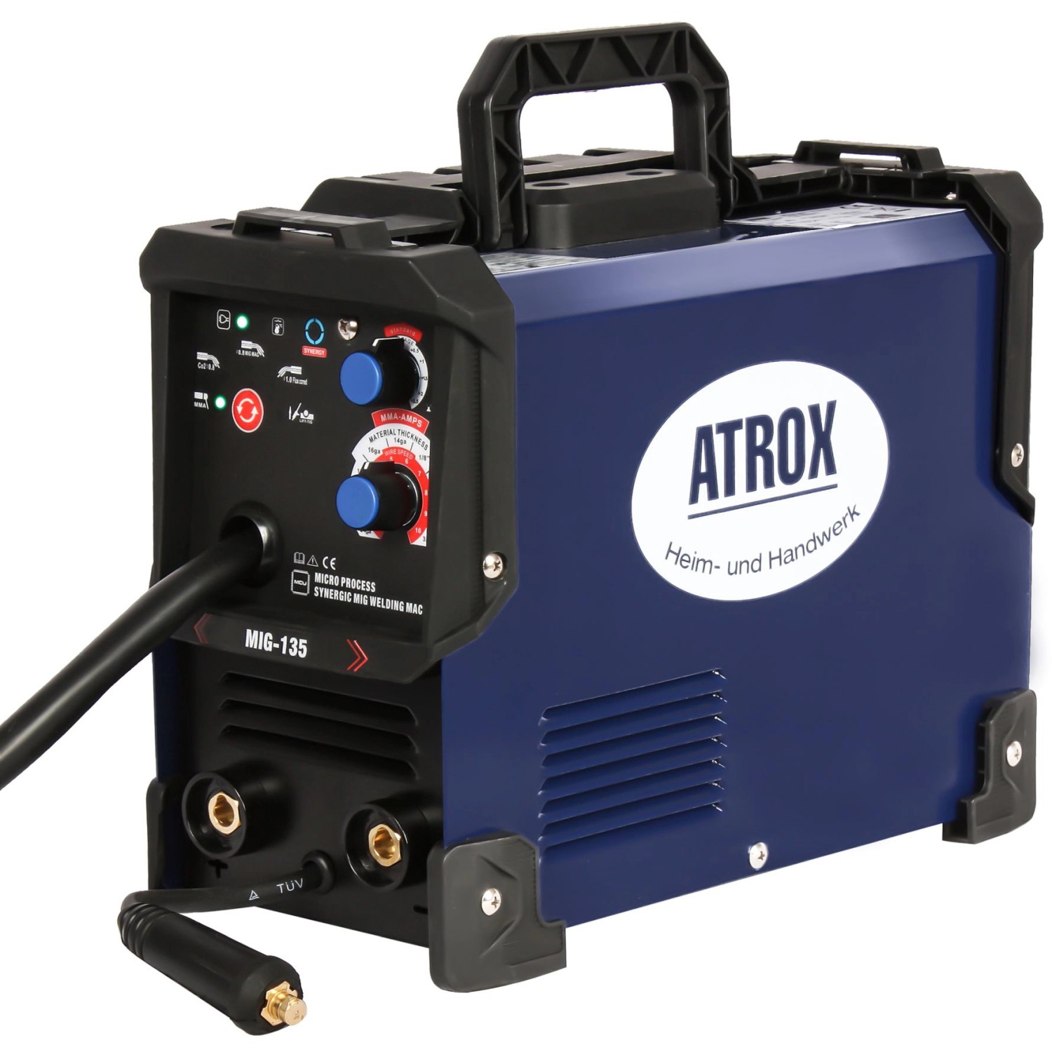 Blaues Atrox Mini-MIG 140 Schweißgerät 5in1 mit Tragegriff und Bedienelementen.