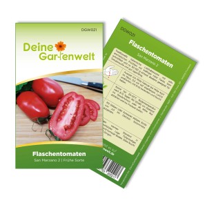 Samentüte Flaschentomate San Marzano: rote Tomaten und Tomatenscheibe auf Holzbrett.