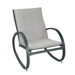 Svita Eiby Deluxe Schaukelstuhl mit hellgrauen Polstern, Armlehnen und dunklem Metallgestell für Outdoor.