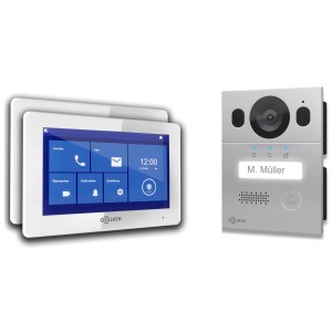 Goliath 2-Draht Video Türsprechanlage mit 2 Monitoren, weiß/silber, und Unterputzdose.