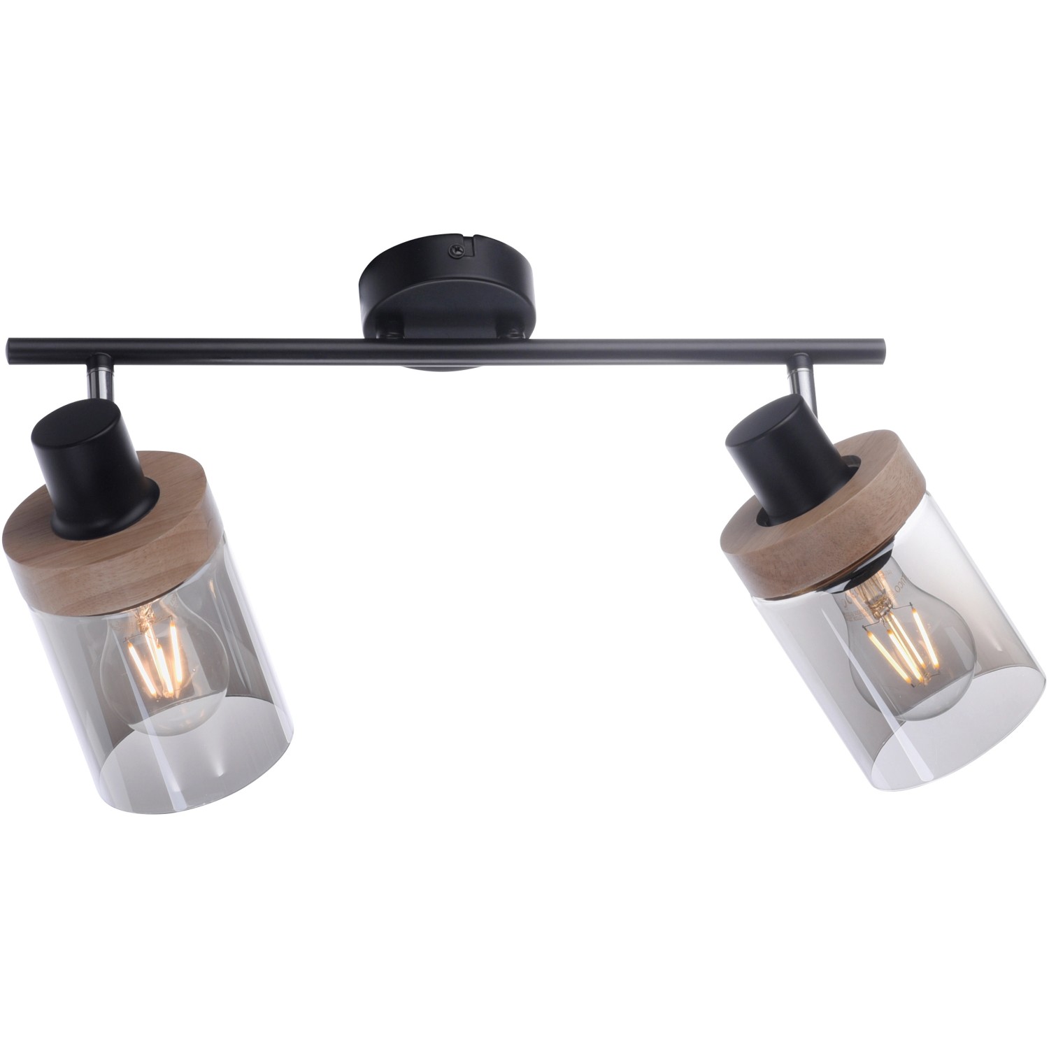 Schwarze 2-flammige Wand- und Deckenleuchte Pasqual mit Rauchglas-Schirmen und Holzdetails.