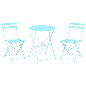 Türkisfarbenes Bistro Set FIORI: Gartentisch mit zwei Stühlen, klappbar und platzsparend.