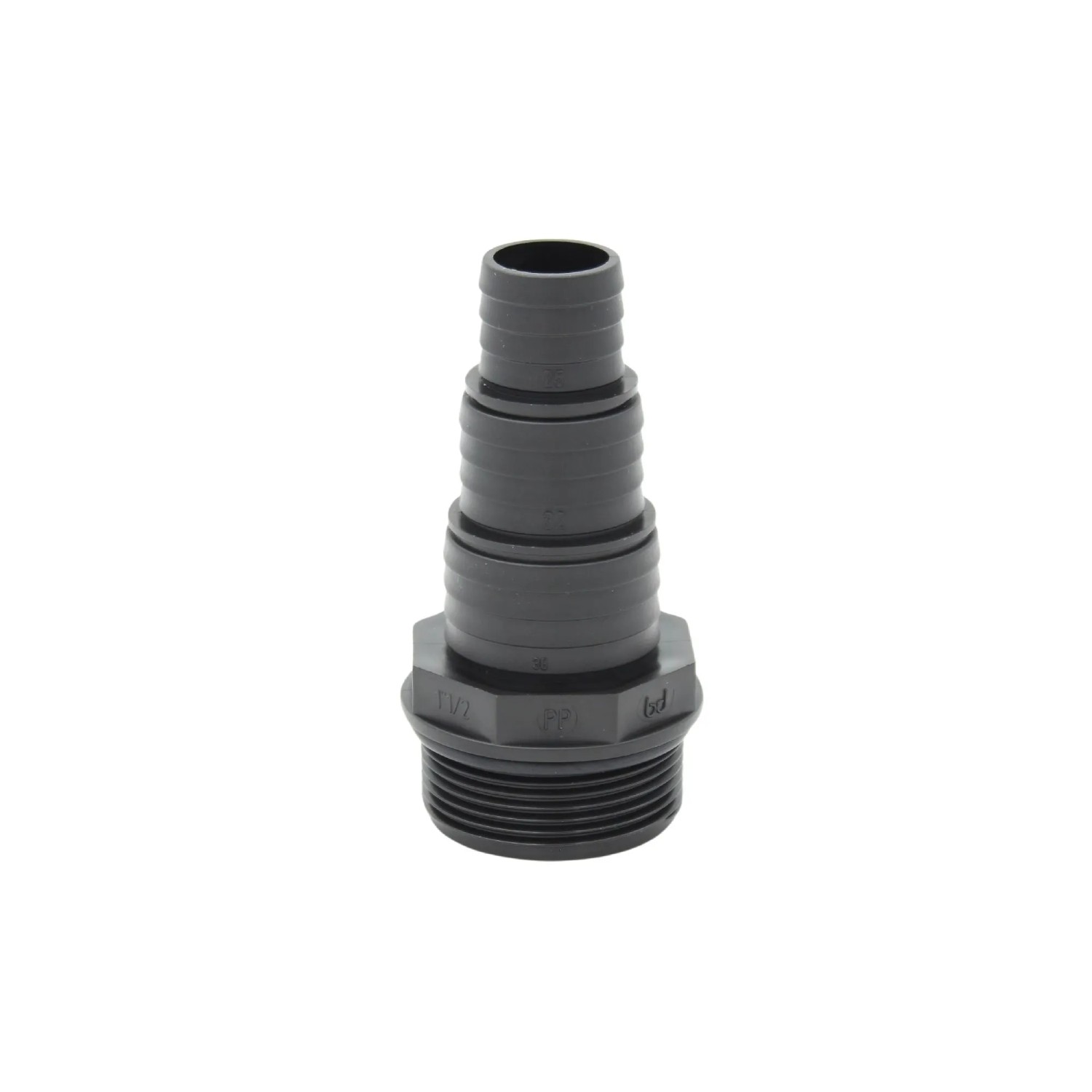 Stufen-Schlauchtülle 47,8 mm (G 1 1/2 Zoll) AG auf Schlauchtülle 38/32/25 mm PP