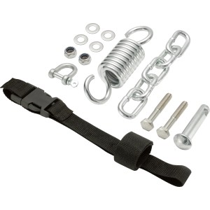 Montage-Set für Hängesessel Pinamar, 13-teilig: Karabiner, Kette, Schrauben, Unterlegscheiben und Sicherheitsgurt.