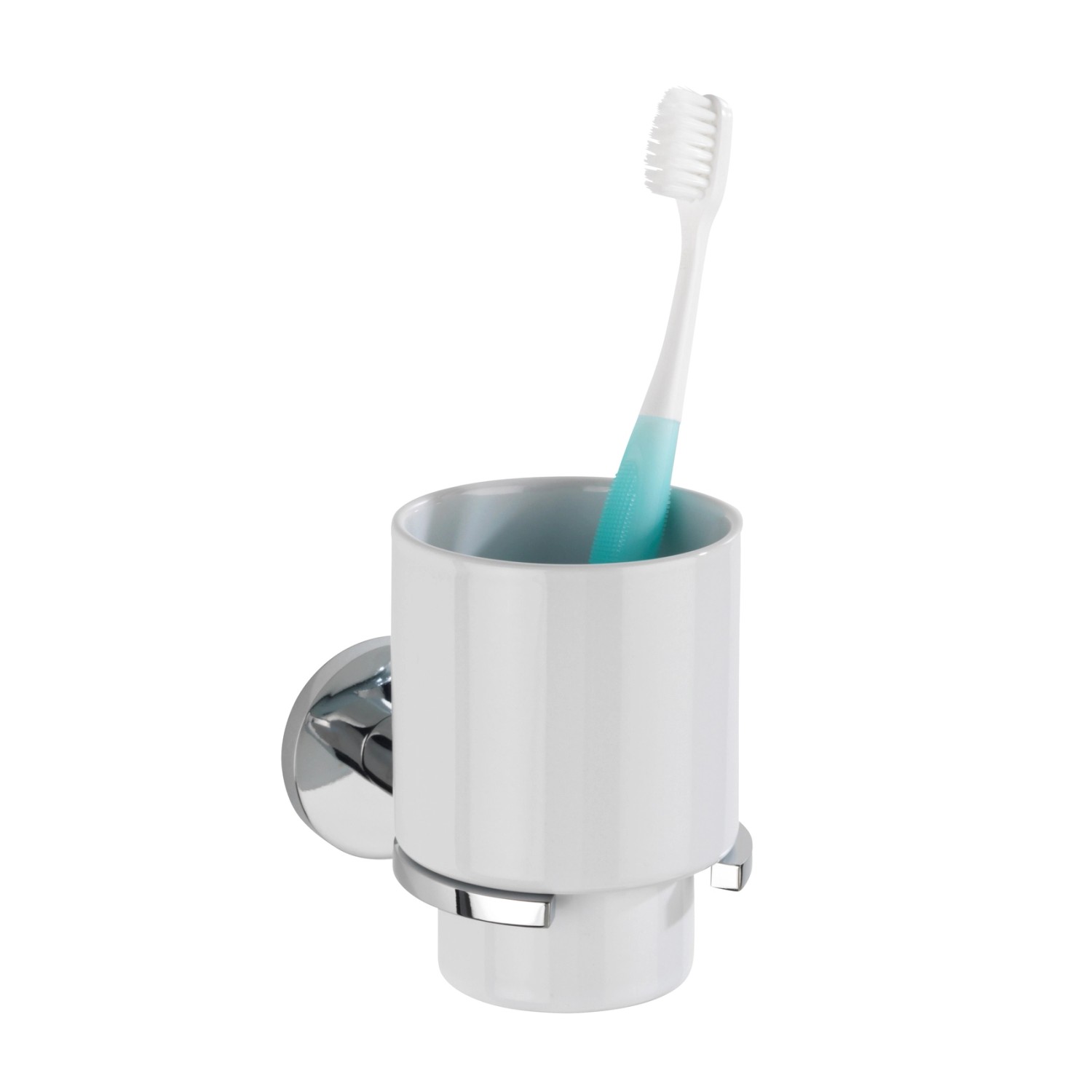 Wenko Zahnputzbecherhalter Isera, silber glänzend mit weißem Keramikbecher und Zahnbürste.