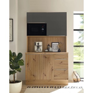 Respekta Single-Küche Marleen in Artisan-Eiche/Grau mit Mikrowelle. Kompakte Küchenzeile mit viel Stauraum.