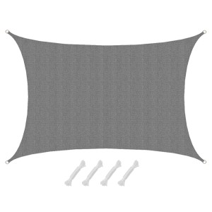 Rechteckiges, graues AMANKA Sonnensegel (5x3 m) aus HDPE, wasserdurchlässig, mit Befestigungsseilen.