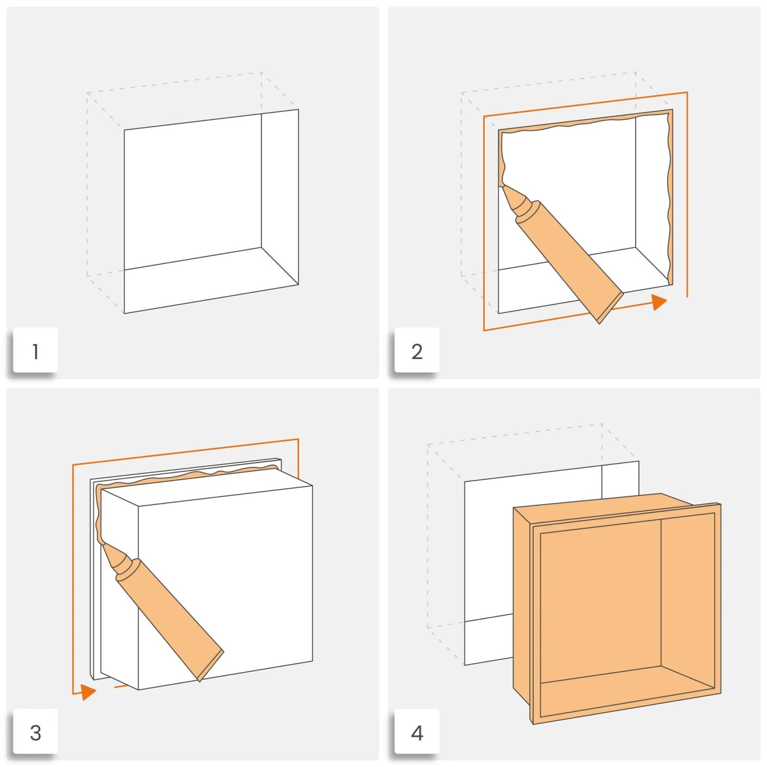 Montageanleitung für Dalsys Wandnische Edelstahl 30x30cm, Einbau in 4 Schritten.
