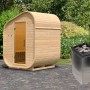 Karibu Fasssauna-Set Asymmetrisch mit Ofen (9 kW) aus naturbelassener Fichte.