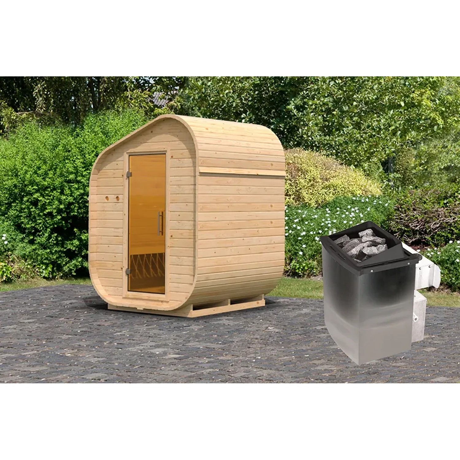 Karibu Fasssauna-Set Asymmetrisch mit Ofen (9 kW) aus naturbelassener Fichte.