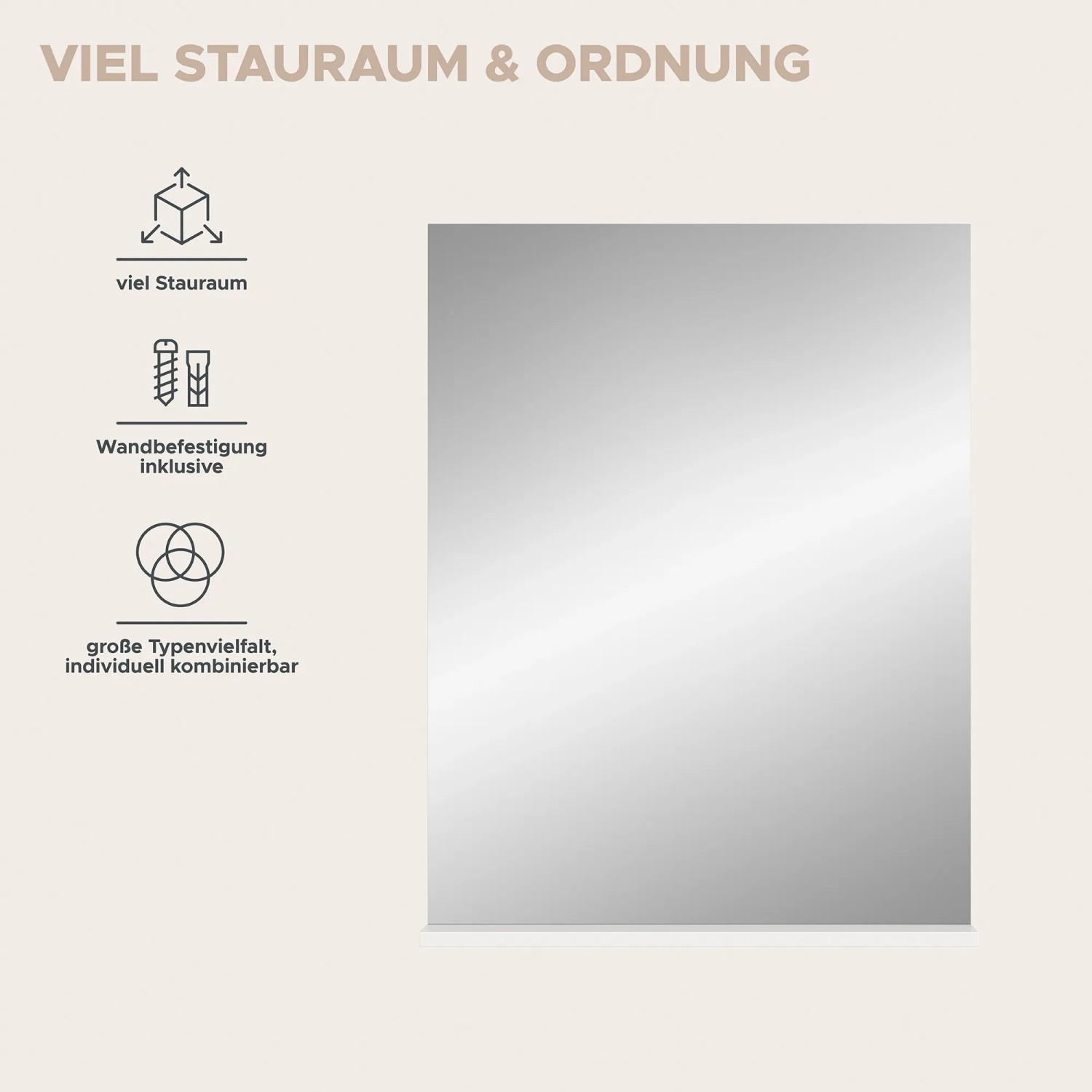 Rechteckiger, weißer Spiegel (60x79x18 cm) für Bad oder Hauswirtschaftsraum.