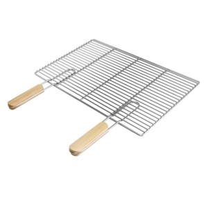Rechteckiger Edelstahl Grillrost 54x34 cm mit abnehmbaren Holzgriffen für Grillkamine und Standardgrills.