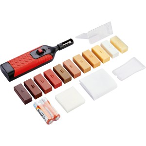 18-teiliges Laminat-Reparaturset mit Schmelzgerät, Wachsblöcken in verschiedenen Farben und Zubehör.