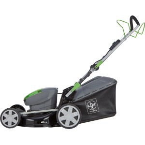 LUX-TOOLS Akku-Rasenmäher Set A-RM-46-24 mit Akkus und Ladegerät, klappbar für platzsparende Lagerung.