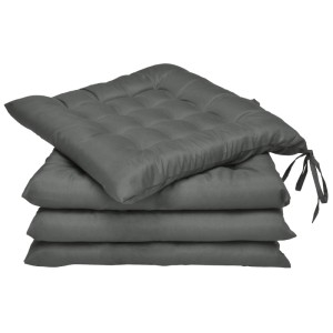4er Set anthrazitfarbene Stuhlkissen 40x40 cm mit Bändern, quadratisch gesteppt. Ideal für Sitzkomfort.