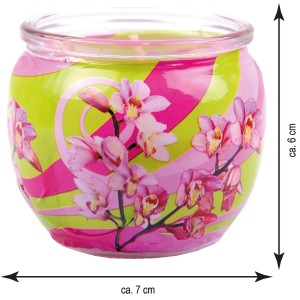 HS Candle Duftkerze Blütenzauber im Glas mit pinken Orchideen und grünem Muster.